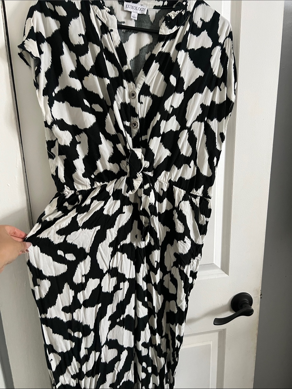 Luxology Black and White Animal-Print Midi Dress with Tie Front